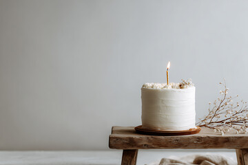 A minimalist birthday cake with a lit candle on a rustic wooden stool against a plain background.