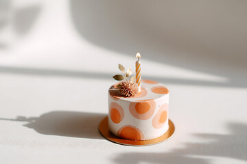 Minimalist birthday cake with a single candle, featuring orange circles and soft shadows, creating a celebratory atmosphere.