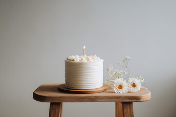 A small white cake with a single candle and white flowers on a wooden stool.
