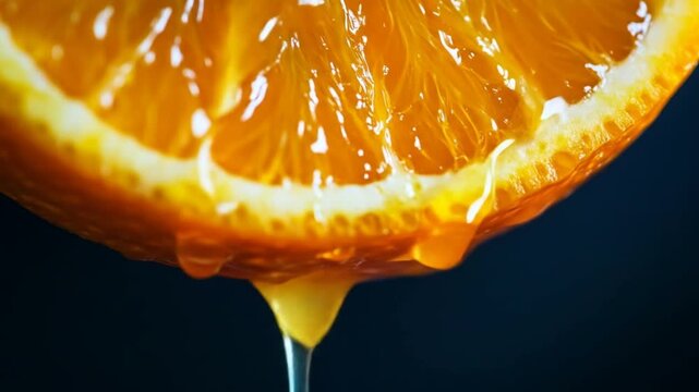 Close up of fresh juicy orange slice with dripping liquid detail
