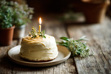 Celebratory Cake with Candle and Greenery on Rustic Wooden Table