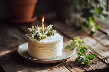 A delightful birthday cake adorned with flowers and a candle, presented on a rustic wooden surface.