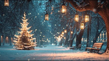 A serene winter scene featuring a snow-covered path, a glowing Christmas tree, and lanterns hanging from trees, creating a magical atmosphere. - Powered by Adobe