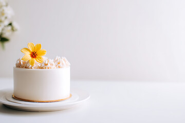 Elegant white cake adorned with a yellow flower on a white plate, creating a minimalist aesthetic.