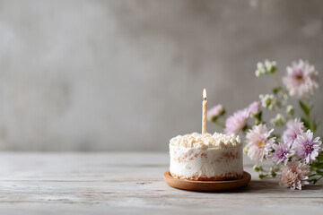 Celebratory birthday cake with a single candle and flowers on a rustic wooden surface against a textured background.