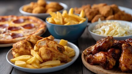 Friends share a delightful feast of pizza, wings, fries, and dips while watching an exciting sports event at home