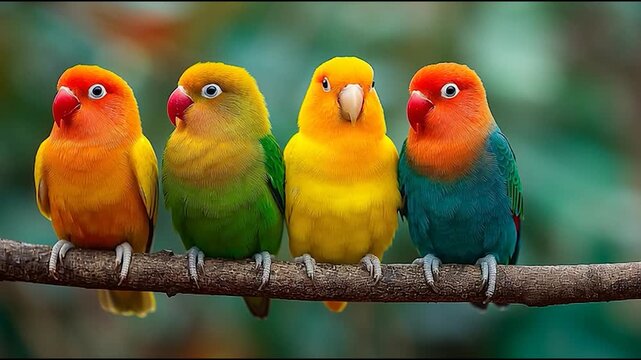 A vibrant group of four colorful parrots perched on a branch, showcasing their bright feathers and distinct personalities.