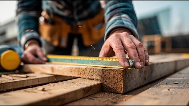 A close-up of a carpenter's hand measuring wood with a tape measure, showcasing craftsmanship and woodworking tools on a work surface.