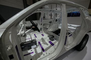 The hybrid car frame construction and engine were showcased at the exhibition.