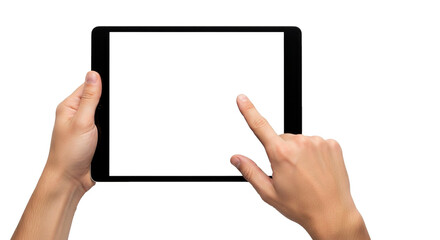 Male hands holding a digital tablet with a blank screen, finger tapping it. Isolated on transparent background