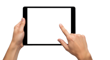 Male hands holding a digital tablet with a blank screen, finger tapping it. Isolated on transparent background