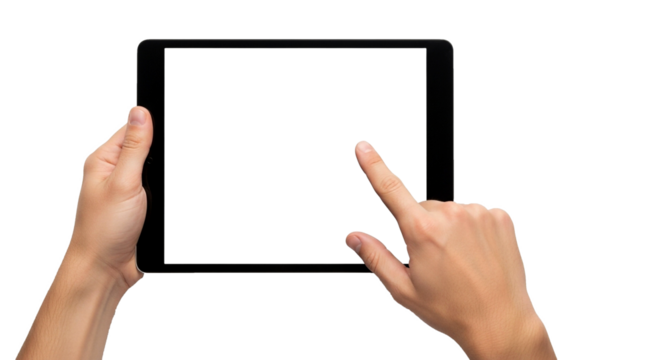 Male hands holding a digital tablet with a blank screen, finger tapping it. Isolated on transparent background