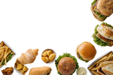 A border of fast food items including burgers, fries, and croissants, isolated on transparent background