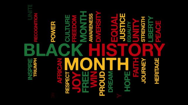 Black History Month concept Animated Tag Word Cloud kinetic typography, Text Design Animation typography seamless loop video motion graphics Intro,  Word Art Looping Text effects green red yellow blac
