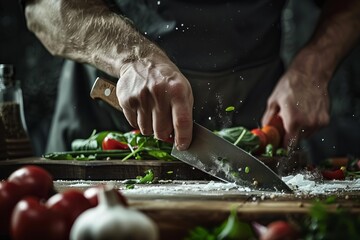 Chef forcefully slams knife onto chopping board, sending flour flying in a dynamic cooking scene