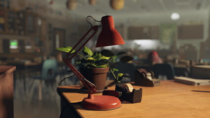 A bright red desk lamp shines over a wooden table in a cozy classroom. Nearby, a small green plant and tape dispenser add charm to the study space. Sunlight filters through the window.