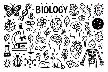 Biology concept doodle with microscope, cells, and plant science icons, Transparent Background