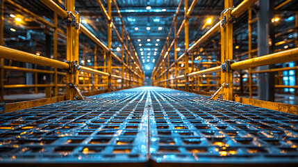 Bright steel scaffolding planks in an indoor setting Generative AI