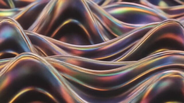 Smooth, iridescent waves reflect vibrant colors in a flowing, liquid-like surface.