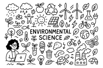 Environmental science doodle with nature, renewable energy, and ecosystem icons, Transparent Background