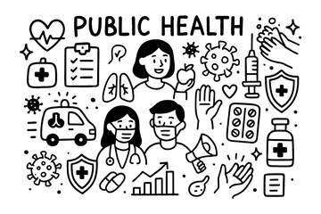 Public health concept doodle with doctors, prevention, and medical care icons, Transparent Background