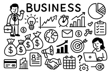 Business concept doodle with finance, teamwork, and growth icons, Transparent Background