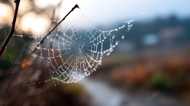 Spiderweb glistening with dew drops in morning light - Powered by Adobe