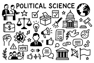 Political science concept doodle with government, law, and leadership icons, Transparent Background