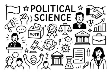 Political science concept doodle with government, law, and leadership icons, Transparent Background