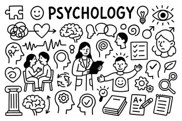 Psychology concept doodle with mind, therapy, and human behavior icons, Transparent Background