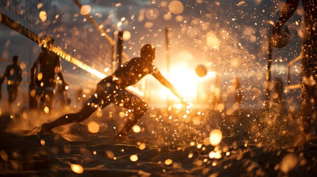 Beach volleyball player diving for ball at sunset