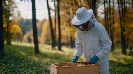 Beekeeper inspecting active beehive in outdoor apiary