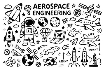 Aerospace engineering doodle with rockets, astronaut, and aircraft icons, Transparent Background