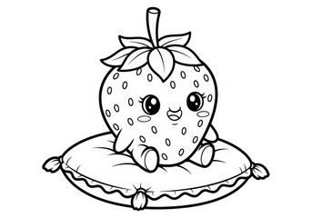 Obraz premium Cute Cartoon Strawberry Character Sitting on a Soft Pillow in a Playful Style for Kids