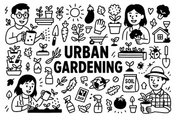 Urban gardening doodle with plants, tools, and organic farming icons, Transparent Background