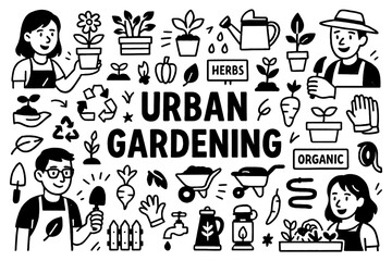Urban gardening doodle with plants, tools, and organic farming icons, Transparent Background
