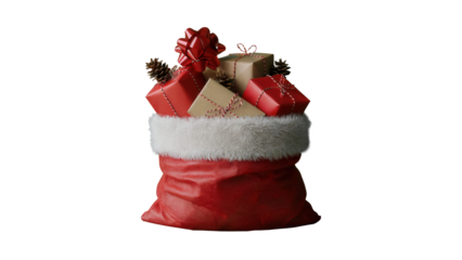 A full red santa claus sack overflowing with wrapped christmas presents and festive decorations isolated on transparent background