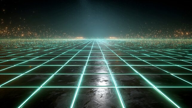 Journey into the digital abyss with a glowing neon grid stretching towards a galaxy of shimmering lights and distant cityscapes, evoking futuristic exploration and virtual reality. - Powered by Adobe