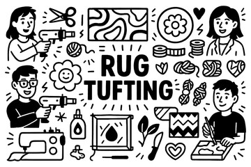 Rug tufting craft doodle with yarn, tools, and handmade carpet icons, Transparent Background