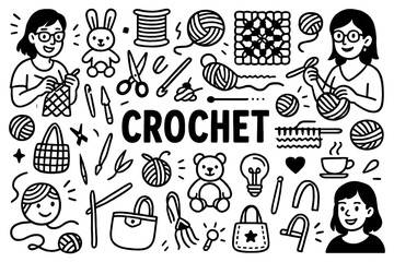 Crochet hobby doodle with yarn, tools, and handmade craft icons, Transparent Background
