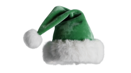 A festive green velvet santa hat with a white fluffy trim and pom pom isolated on transparent background