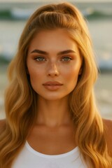 Blonde woman with green eyes and freckles on summer beach enjoying sunset golden hour light