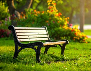 Empty park bench bathed in morning light