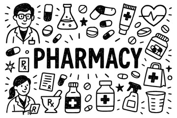 Pharmacy concept doodle with medicine, doctor, and healthcare icons, Transparent Background