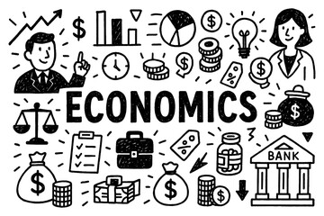 Economics concept doodle with finance, banking, and growth icons, Transparent Background