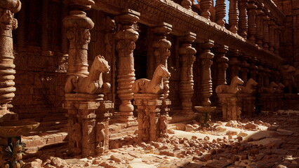 Sunlight filters through the ruins, illuminating detailed horse sculptures that line stone pillars. Dust and ancient stones create a somber yet beautiful atmosphere of a forgotten civilization.
