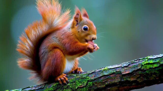 A bright red squirrel perched on a moss-covered branch, eating a nut against a soft green backdrop