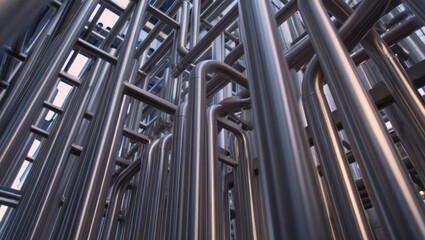 Fototapeta premium Complex network of stainless steel pipes and tubes in an industrial plant