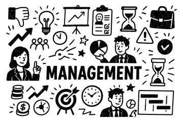 Management concept doodle with business planning and teamwork icons, Transparent Background