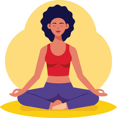 Young woman with curly dark hair in a red tank top and blue pants meditating peacefully in a lotus pose on a yellow mat with a soft yellow background